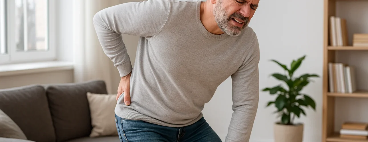 Een man van middelbare leeftijd in een grijze trui en spijkerbroek grimast van de pijn terwijl hij zijn onderrug vasthoudt, staand bij een beige bank en een houten salontafel-wat is het verschil tussen een salontafel en een bijzettafel- met een plant op de achtergrond.