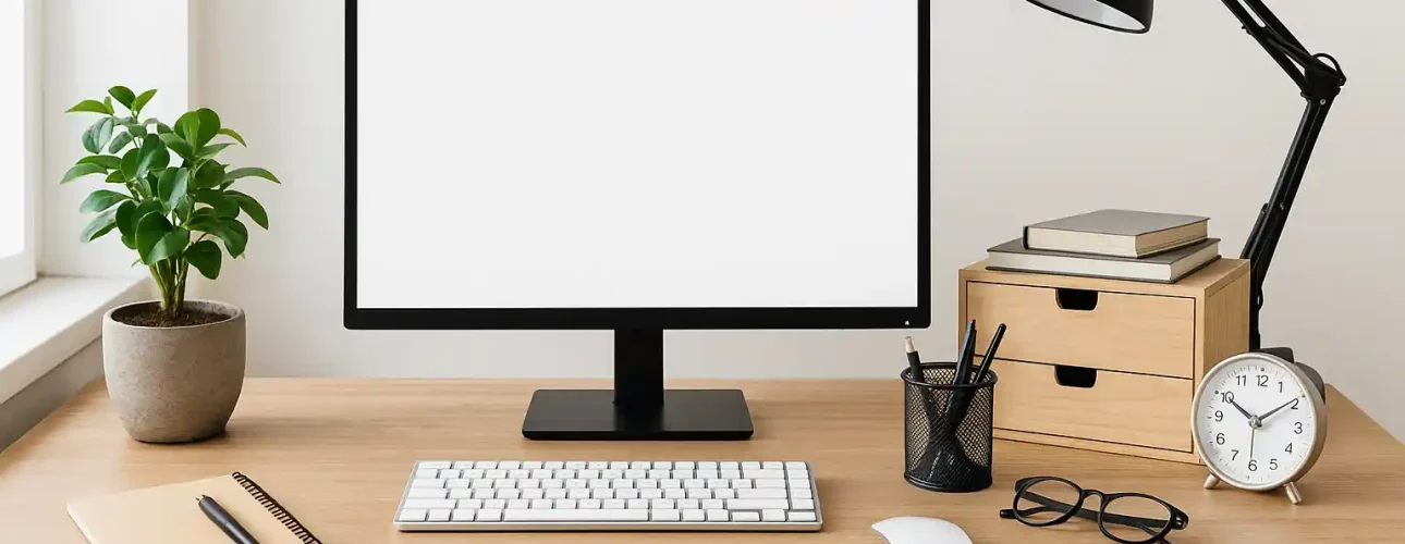 Een opgeruimd bureau met een computermonitor, toetsenbord, muis, notitieblok, pen, potplant, bureaulamp, boeken, bril, klok en alles wat er op een bureau hoort liggen netjes geordend op een houten oppervlak.