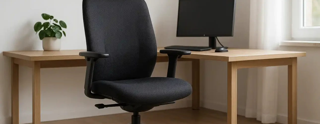Een zwarte ergonomische bureaustoel -waarbij comfort belangrijk is aan een bureaustoel- met een hoofdsteun en armleuningen staat bij een houten bureau. Op het bureau staan een monitor en een potplant. De kamer heeft lichte houten vloeren en een raam met witte gordijnen.