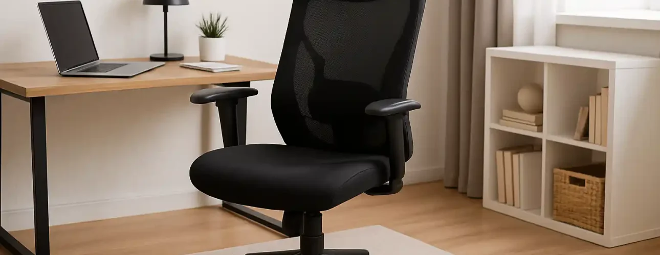 Een zwarte ergonomische bureaustoel, belangrijk bij een bureaustoel, met verstelbare hoofdsteun en armleuningen staat op een beige vloerkleed in een thuiskantoor, aangevuld met een houten bureau met een laptop, lamp en een witte boekenplank op de achtergrond.
