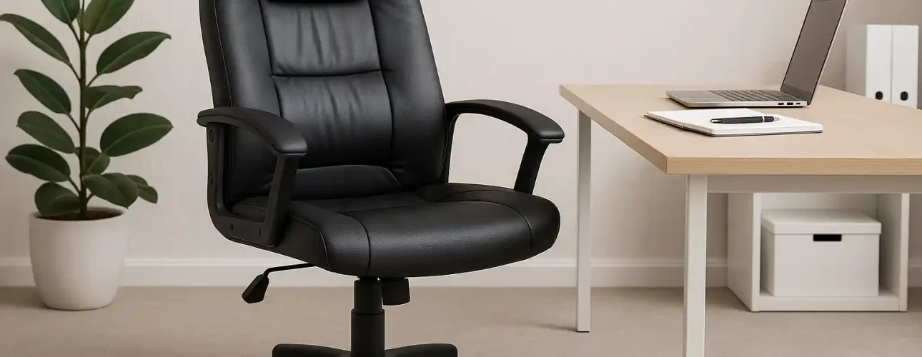 Een zwarte leren bureaustoel-belangrijk voor een bureaustoel- staat naast een licht houten bureau met een laptop, notitieblok en pen. Op de achtergrond voegen een groene potplant en opbergdozen stijl en organisatie toe.