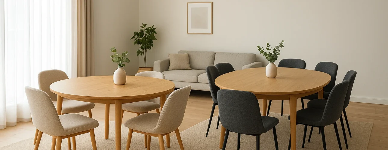 Een moderne, minimalistische eetkamer met twee ronde houten tafels, elk omringd door stoelen - de ene beige, de andere donkergrijs. Wat is beter: lichte houten vloeren of een gezellige grijze bank? Potplanten en een geweven hanglamp maken de ruimte compleet.