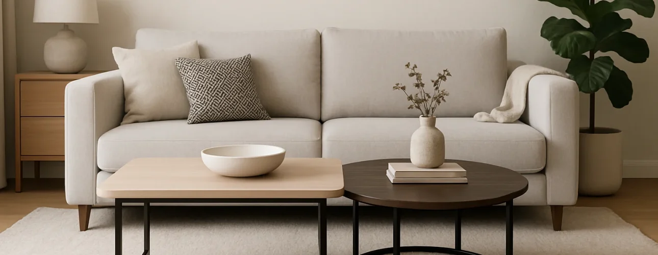 Een moderne woonkamer met een lichtgrijze bank, een kussen met patroon, twee salontafels - een houten, een donkerbruine - geïnspireerd door de 2 3-regel voor salontafels, plus een beige vloerkleed, plant in pot, lamp en minimalistische inrichting in neutrale tinten.