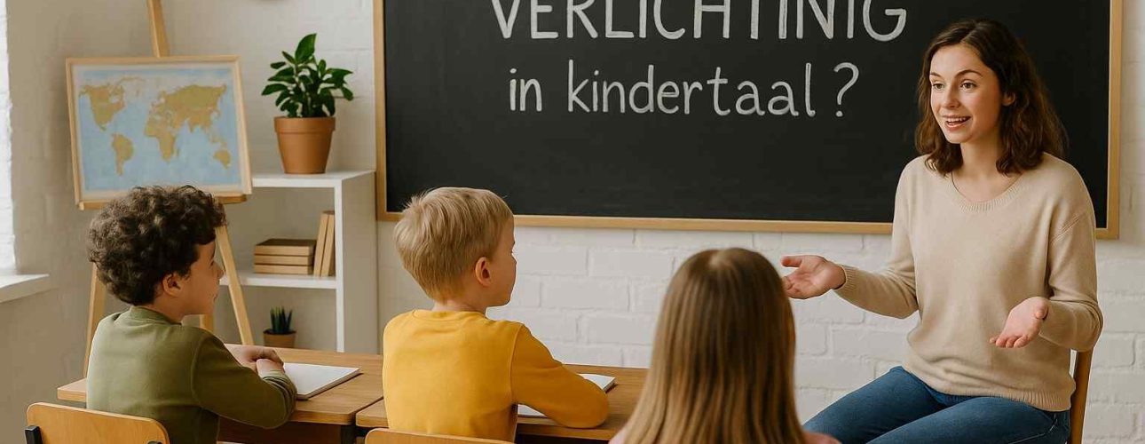 Klassikale scène met een leraar voor een zwart schoolbord met de tekst Wat is de Verlichting in kindertaal?. Houten tafels en stoelen.