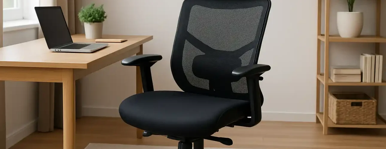 Een moderne zwarte ergonomische bureaustoel, beschouwd als een beste bureaustoel, met verstelbare armleuningen en hoofdsteunen staat op een kleed in een thuiskantoor, naast een houten bureau met een laptop en een plant in pot. Planken en nog een plant dragen bij aan de sfeer op de achtergrond.