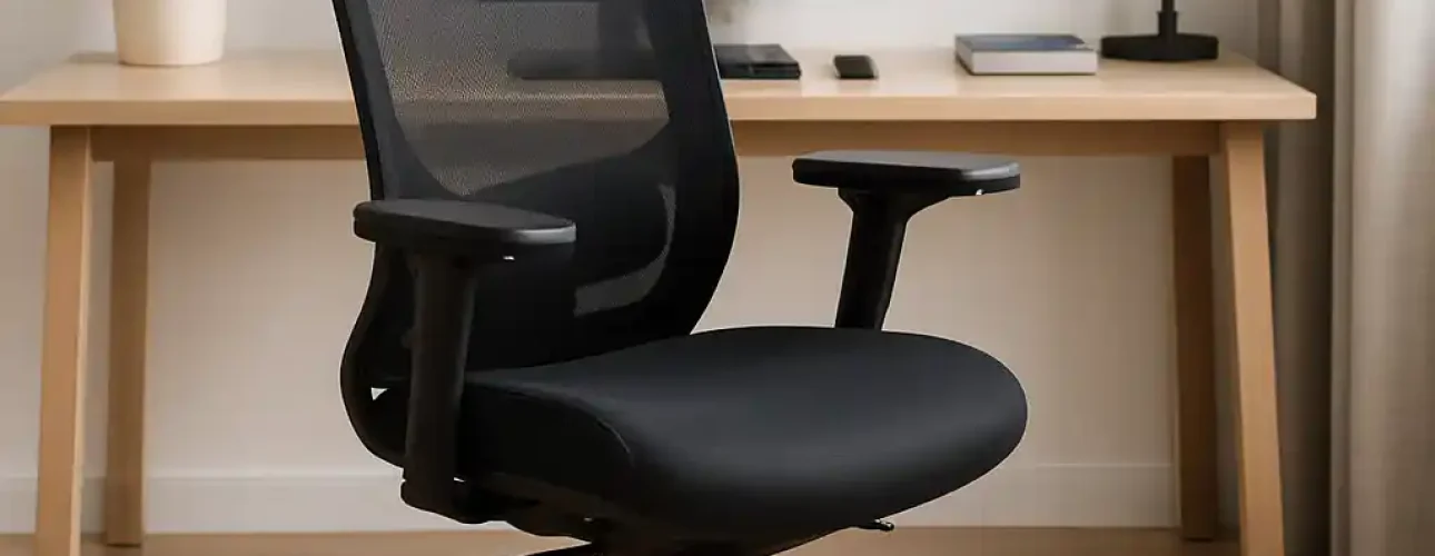 Een moderne zwarte ergonomische bureaustoel, de beste bureaustoel volgens de Consumentenbond, met verstelbare armleuningen en hoofdsteun staat voor een houten bureau met een computer, lamp en potplant in een stijlvolle setting van een thuiskantoor.