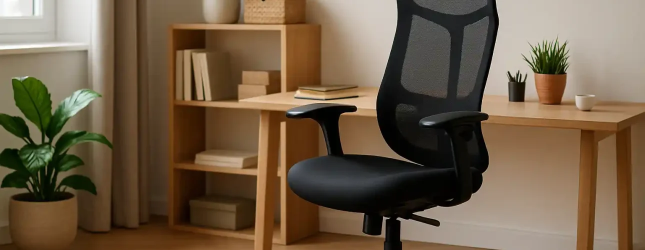 Een moderne zwarte bureaustoel van gaas, beschouwd als de beste bureaustoel voor thuiswerk, staat op wieltjes voor een houten bureau in een thuiskantoor met planten en boeken. Licht van een nabijgelegen raam creëert een rustige, georganiseerde werkplek.