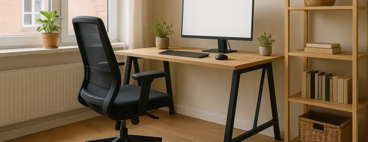 Minimalistisch kantoor aan huis met een bureaustoel voor thuiswerken, houten bureau, computermonitor, toetsenbord, muis en kleine potplanten. Natuurlijk licht stroomt door het raam. Op een plank staan boeken, meer planten en een gevlochten mand.