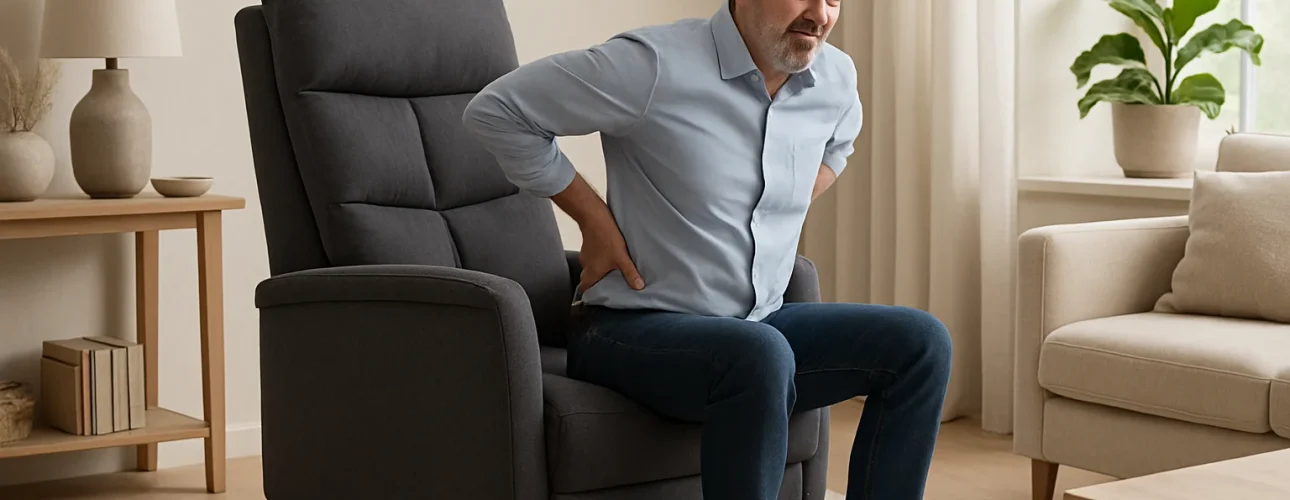 Man van middelbare leeftijd zit op een donkergrijze fauteuil, houdt zijn onderrug vast en grimast van de pijn, en vraagt zich af: wat is het verschil tussen een salontafel en een bijzettafel in deze lichte woonkamer met neutrale inrichting en kamerplanten.