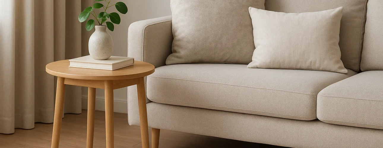 Een beige bank met twee bijpassende kussens staat naast een ronde houten bijzettafel, perfect gekozen met de vraag "wat is de beste hoogte voor een bijzettafel" in gedachten. Natuurlijk licht en een neutrale inrichting creëren een rustige, minimalistische woonkamer.
