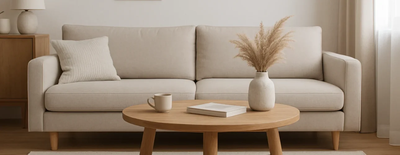 Een moderne woonkamer met een beige bank en een ronde houten salontafel, gestyled op de beste hoogte voor een salontafel, met daarin een vaas met gedroogde grassen, een kopje en een boek. Minimalistische kunst hangt boven de bank in deze neutrale ruimte.