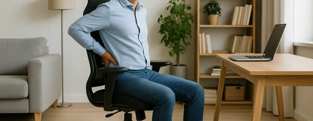 Een man zit in een bureaustoel en houdt zijn onderrug vast. Hij lijkt pijn te hebben, mogelijk door rugklachten. Het kiezen van de beste stoel voor je vloerkleed kan zulke problemen helpen voorkomen. Een laptop, planken, planten en een bank staan op de achtergrond.