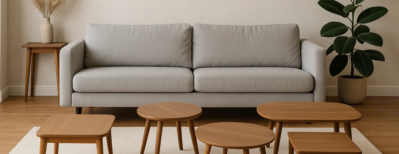 Een moderne woonkamer met een lichtgrijze bank, zes kleine houten salontafels - perfect om te ontdekken wat de beste vorm is voor een salontafel - op een crèmekleurig vloerkleed, plus een bijzettafel met pampagras en een potplant tegen een beige muur.