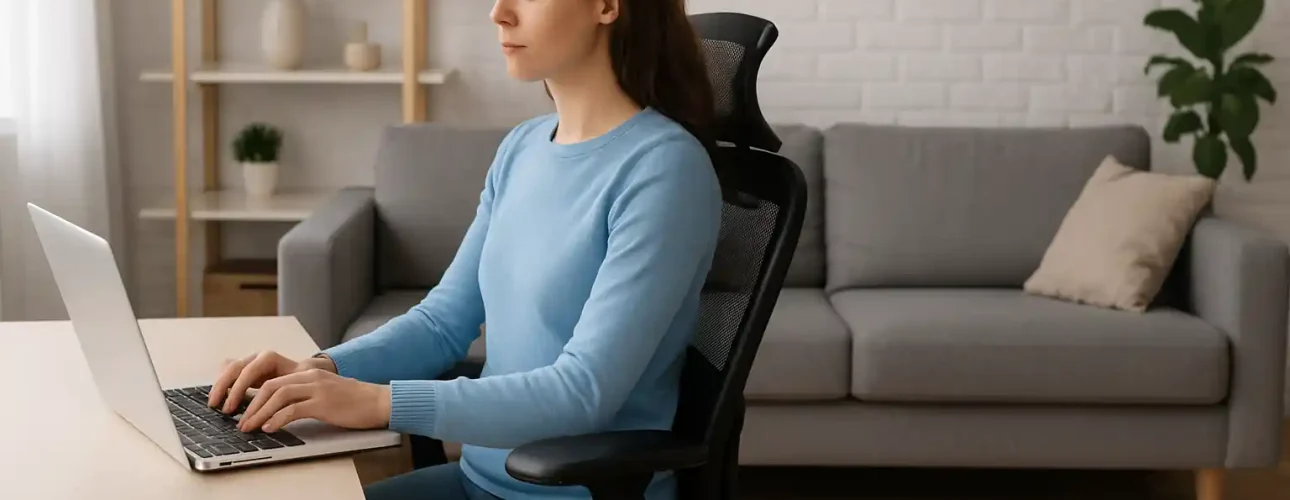 Vrouw met bruin haar draagt een lichtblauwe trui en zit aan een bureau met een laptop in een moderne woonkamer. Ze demonstreert de beste zithouding voor mijn vloerkleed met een rechte houding; grijze bank, planken en potplant op de achtergrond.