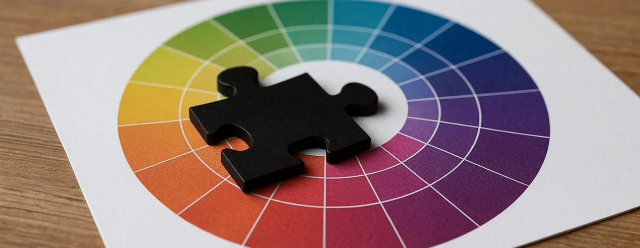 Een zwart puzzelstuk rust bovenop een gedrukte kleurencirkel met segmenten in verschillende kleuren, wat de vraag oproept: Wat is de betekenis van zwart op dit kleurrijke spectrum bovenop een houten oppervlak?.