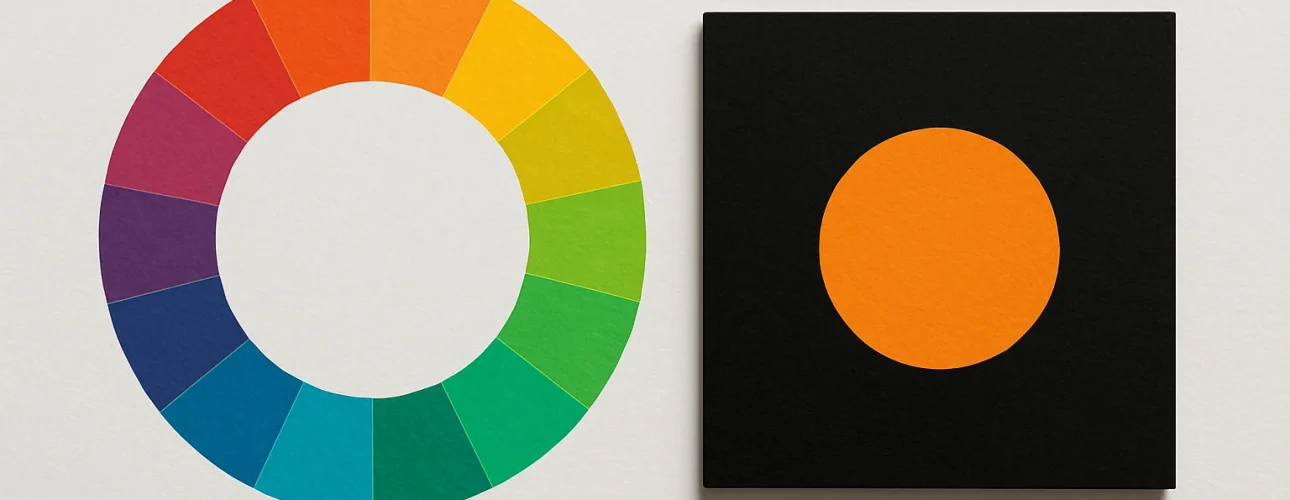 Een kleurrijk twaalfdelig kleurenwiel zit naast een zwart vierkant met een fel oranje cirkel in het midden, op een witte achtergrond-een levendige weergave die de vraag oproept: Wat is de complementaire kleur van zwart?.