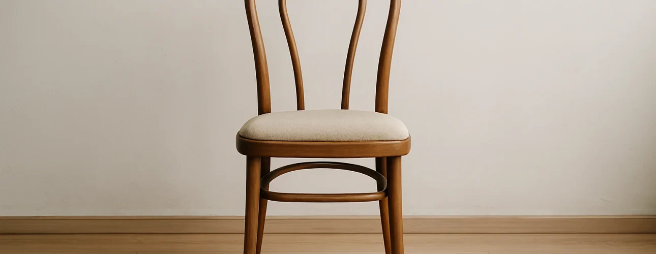 Een houten stoel met een gebogen rugleuning en een lichtbeige beklede zitting staat op een lichte houten vloer tegen een effen gebroken witte muur, vlakbij waar je je zou kunnen afvragen: wat is het verschil tussen een salontafel en een bijzettafel?.