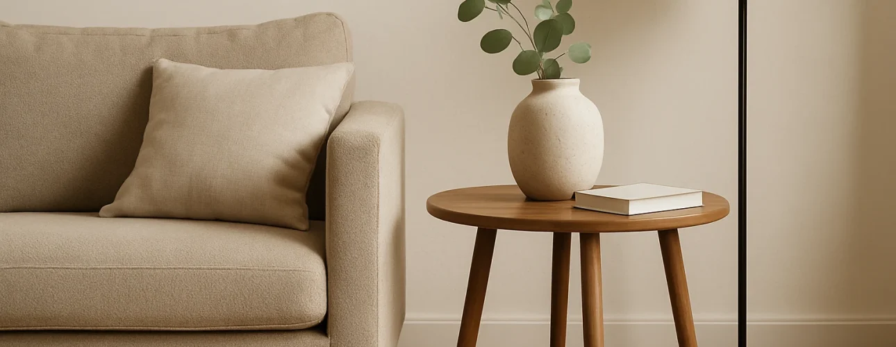 Een beige sofa met een bijpassend kussen staat naast een ronde houten bijzettafel - perfect om decor of benodigdheden op te zetten, wat de functie van een bijzettafel in huis benadrukt - in deze minimalistische woonkamer met een keramieken vaas, boek en hoge staande lamp op een geweven vloerkleed.