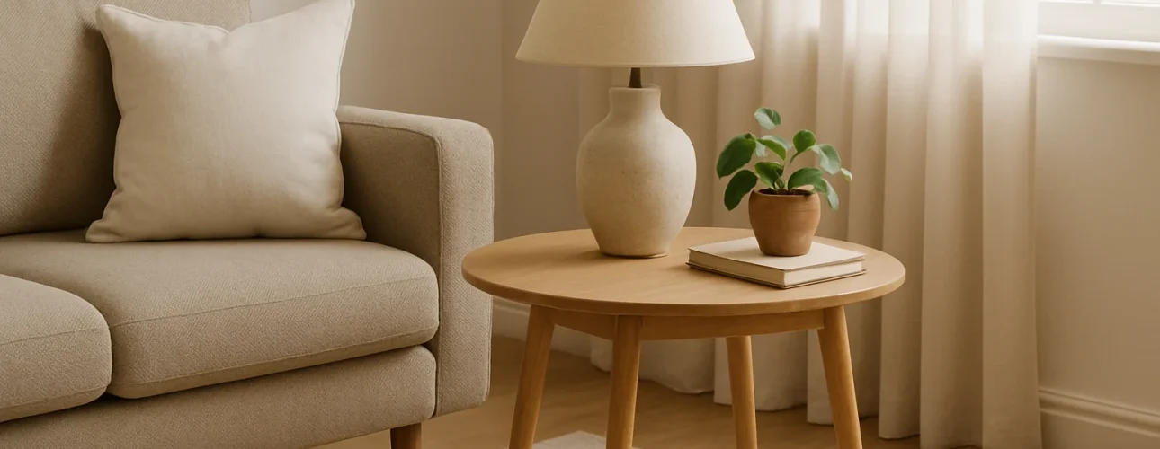 Een ronde houten salontafel met de functie van een bijzettafel in huis staat naast een lichte bank, met daarop een beige lamp, een potplant en boeken in een lichte, gezellige woonkamer met transparante gordijnen.