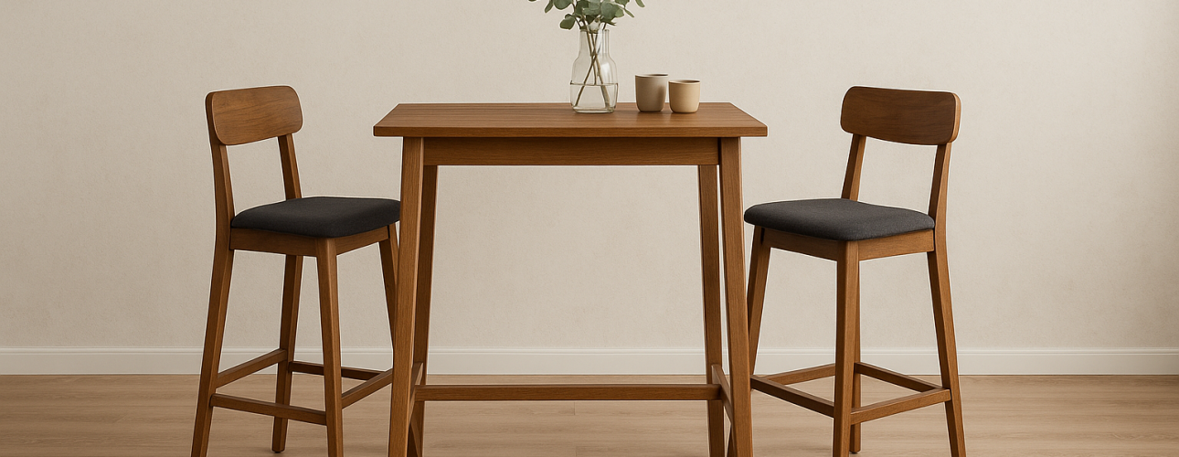 Een minimalistische eetopstelling met een houten tafel van gemiddelde hoogte, twee bijpassende houten stoelen met donkere kussens, een glazen vaas met groen gebladerte en twee beige mokken, allemaal geplaatst op een lichte houten vloer tegen een neutrale muur.