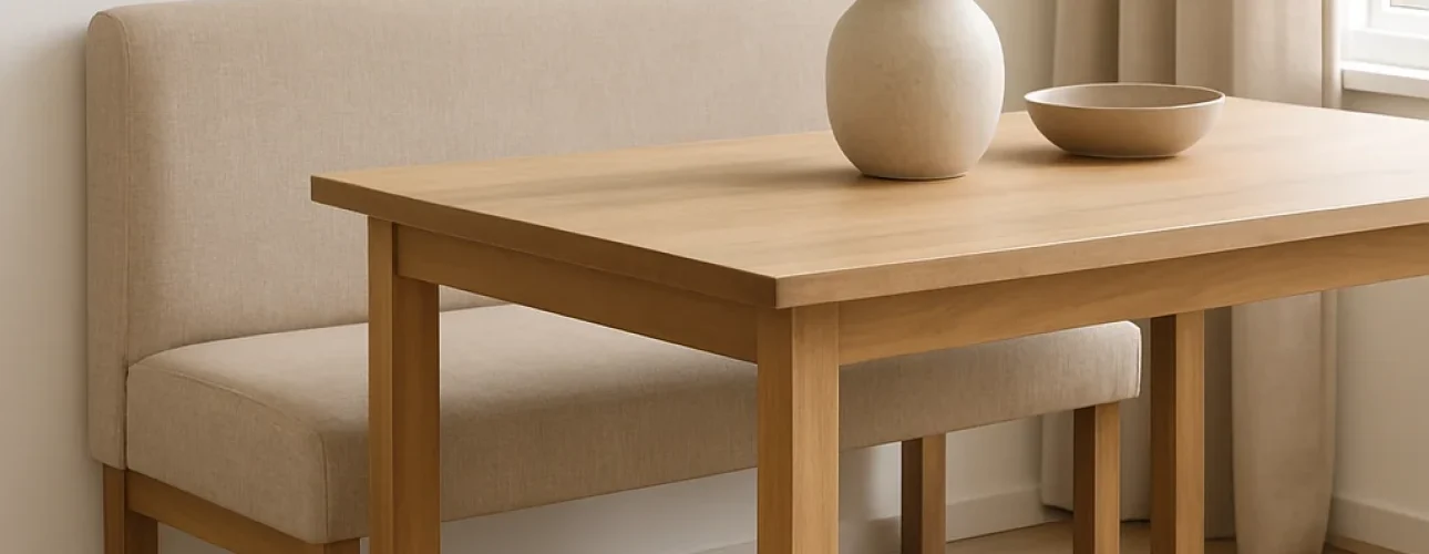 Een minimalistische eethoek heeft een lichte houten tafel - te onderscheiden van een salontafel of bijzettafel - een bijpassende bank met beige bekleding, een witte vaas met groen gebladerte en een ondiepe beige schaal bij een raam met crèmekleurige gordijnen.