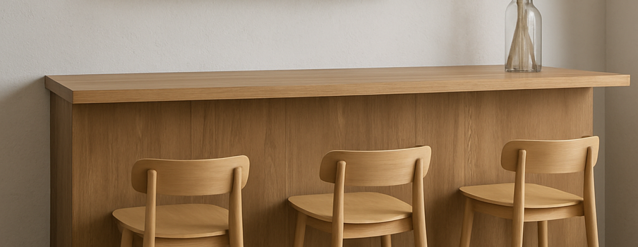 Een minimalistische huisbar met drie houten krukken op de ideale barhoogte, een licht houten aanrecht, een glazen vaas met pampagras en een wandplank met wijnflessen, glazen en kleine potplanten.