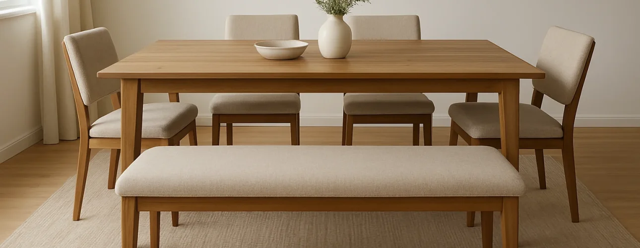 Een minimalistische eetkamer met een houten tafel, vier beige gestoffeerde stoelen, een bijpassende bank en een licht vloerkleed; net als het verschil tussen een salontafel en een bijzettafel brengt elk stuk een unieke functie en stijl met zich mee terwijl het licht naar binnen stroomt vanuit een nabijgelegen raam.