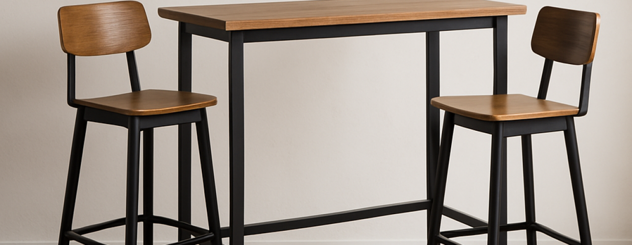 Een minimalistische eetset met een rechthoekige houten tafel en twee bijpassende houten stoelen met zwarte metalen poten, geplaatst op een lichte vloer in visgraatmotief tegen een effen beige muur - een perfecte aanvulling op de ideale hoogte van een bartafel.
