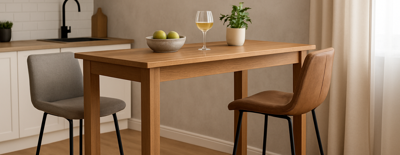 Een moderne keuken met een houten hoge tafel op de ideale hoogte voor een bartafel, twee barkrukken (een grijze, een bruine), een schaal met groene appels, een glas witte wijn en een kleine plant in pot. Zacht natuurlijk licht komt door een raam.
