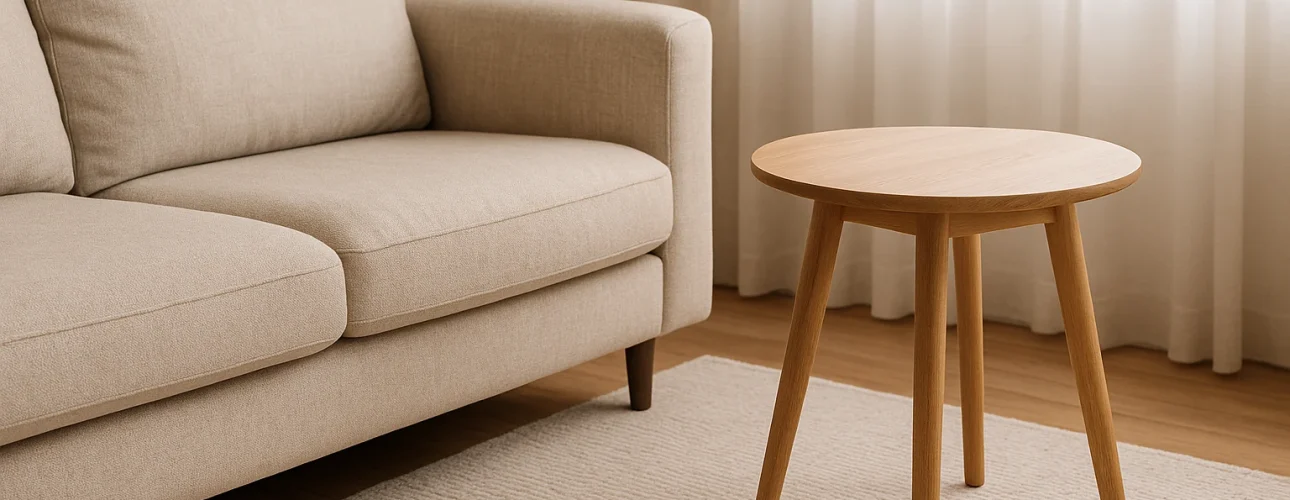 Een lichtbeige bank en een ronde houten bijzettafel - perfect geplaatst op wat is de ideale hoogte voor een bijzettafel - staan op een crèmekleurig vloerkleed met textuur in een lichte, minimalistische woonkamer met transparante gordijnen voor het raam.