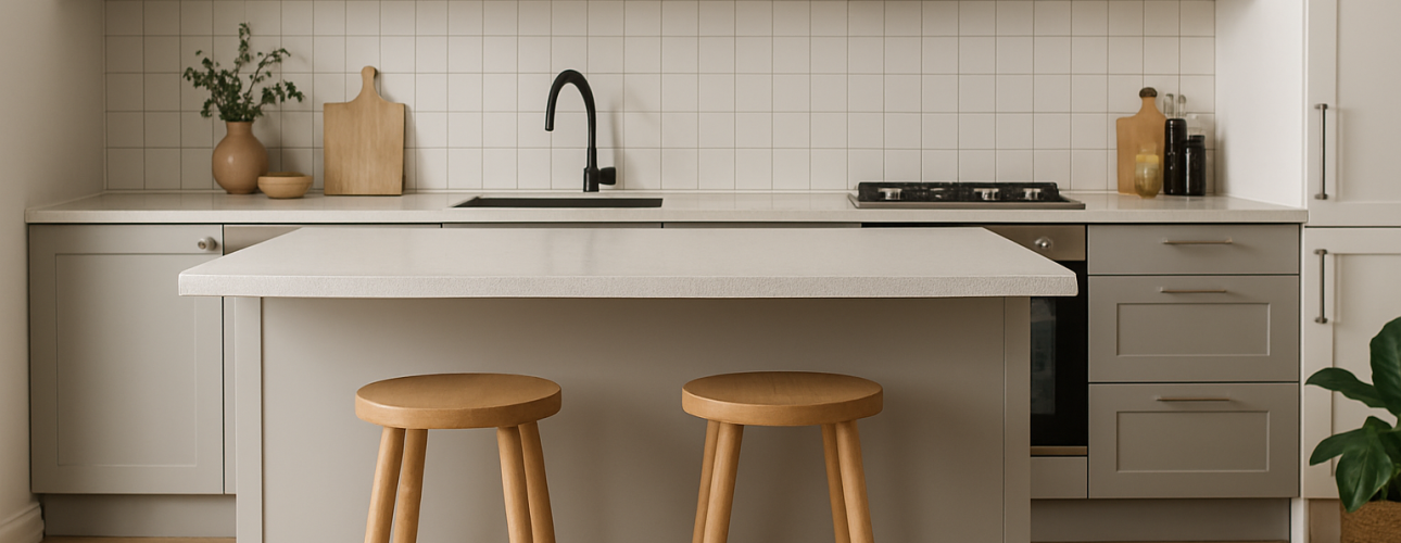 Een moderne keuken met witte kastjes, een lichtgrijs eiland op de ideale hoogte, twee houten krukjes, een zwarte kraan, een gasfornuis en een minimalistische inrichting met snijplanken en een plantje.