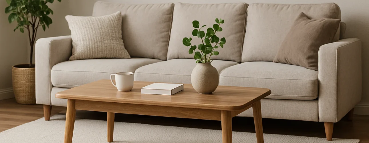 Een moderne woonkamer met een beige bank, neutrale kussens en een houten salontafel op de ideale hoogte voor een koffietafel, gestyled met een mok, boek en kleine plant. Een plant in pot staat op de vloer naast een licht vloerkleed op een houten vloer.