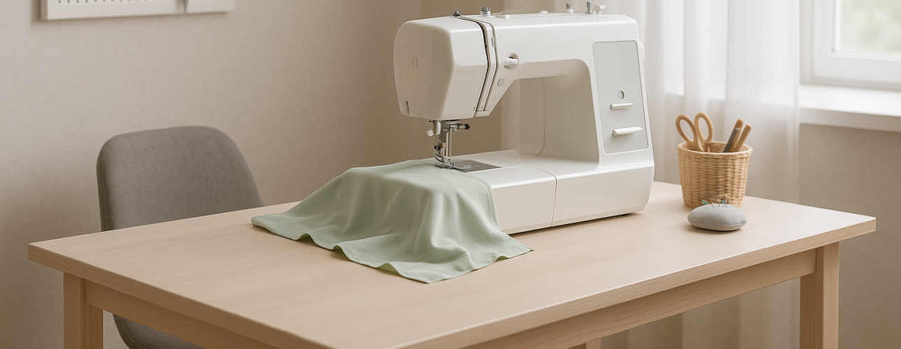 Een witte naaimachine met groene stof staat op de ideale hoogte voor een naaitafel op een lichte houten tafel in een lichte, opgeruimde kamer. Vlakbij staan een schaar, garen en een stoel. Zacht natuurlijk licht valt binnen door een raam met transparante gordijnen.