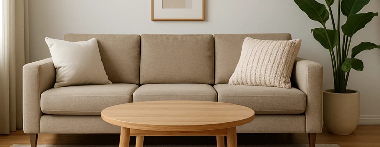 Een neutraal getinte woonkamer met een beige bank, twee kussens en een ronde houten salontafel op wat is de ideale hoogte voor een salontafel, aangevuld met een grote plant in pot en minimalistisch ingelijst kunstwerk boven de bank.