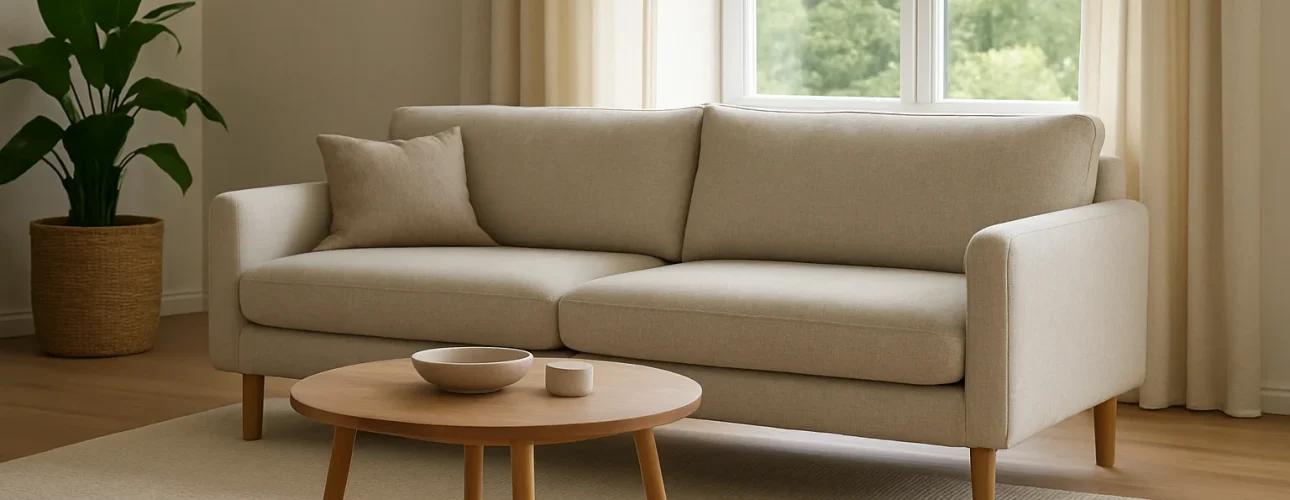 Een moderne woonkamer heeft een beige bank met een kussen, een ronde houten salontafel-wat is het verschil tussen een salontafel en een bijzettafel-met schalen, een grote plant in een gevlochten mand, lichte gordijnen, een houten vloer en een raam met groen buiten.