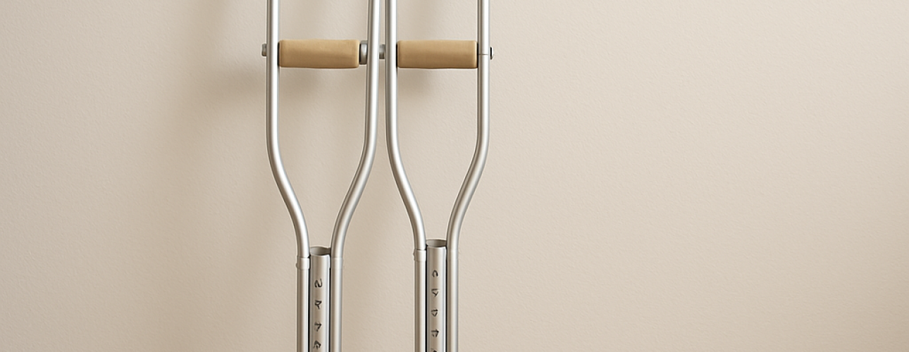 Een paar metalen krukken met gevoerde handvatten en bovenbladen, ingesteld op de ideale hoogte voor krukken, staat rechtop, leunend tegen een effen beige muur op een houten vloer.