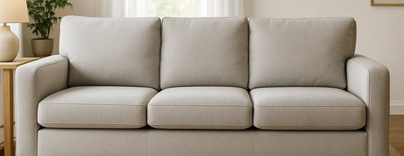 Een lichtgrijze driezitsbank met vierkante armen staat op een beige vloerkleed in een lichte woonkamer. Ernaast staat een klein tafeltje - perfect als bijzettafel; wat is het verschil tussen een salontafel en een bijzettafel? Versierde gordijnen bedekken de achterliggende ramen.