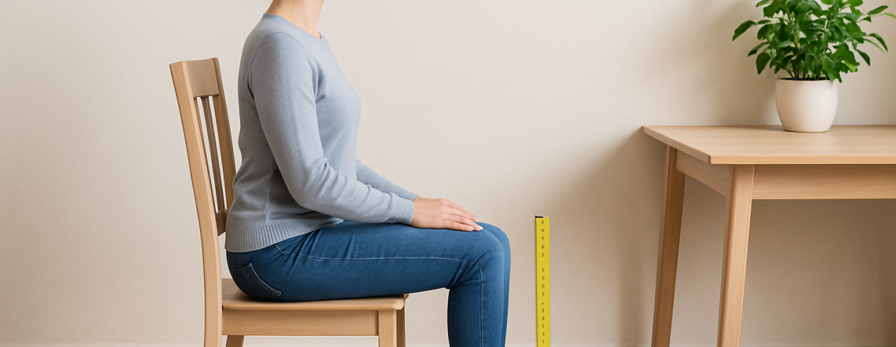Wat is de ideale zithoogte (2) Een vrouw zit rechtop op een houten stoel, voeten plat op de grond, en meet de ideale zithoogte met een geel lint dat verticaal tussen haar knieƫn staat; op de achtergrond staat een potplant op een tafel.