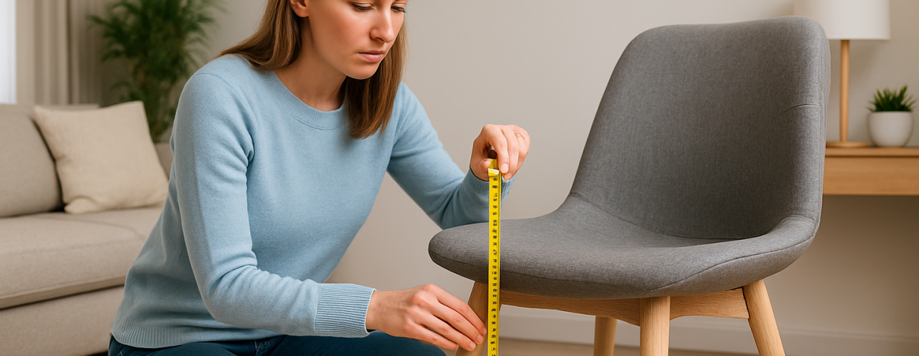 Een vrouw knielt naast een grijze stoel en meet de zithoogte met een geel meetlint in een moderne, opgeruimde woonkamer om de ideale zithoogte te controleren.