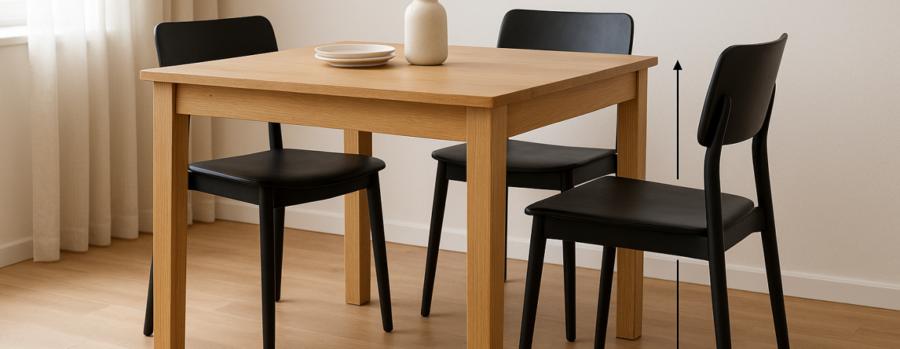 Een houten eettafel met drie zwarte stoelen, één met het label 77 cm hoog-de ideale zithoogte voor een tafel van 77 cm. Een vaas met gedroogde bloemen en gestapelde borden sieren de ruimte in een lichte, minimalistische kamer met houten vloer.