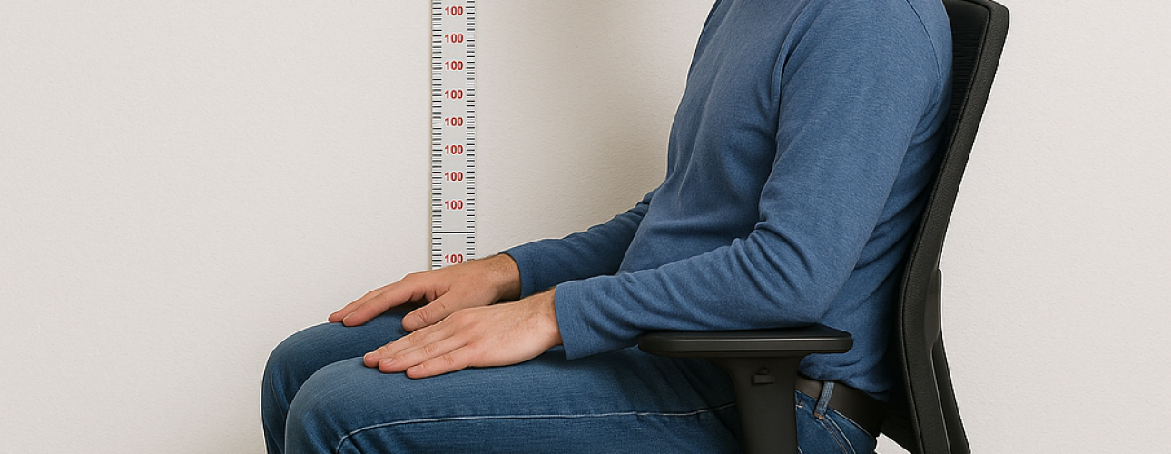 Een man in een blauwe trui en spijkerbroek zit rechtop op een zwarte bureaustoel naast een lengtemeter en demonstreert de ideale zithoogte voor lengte. Hij kijkt opzij, voeten plat op de vloer, handen rustend op zijn benen.