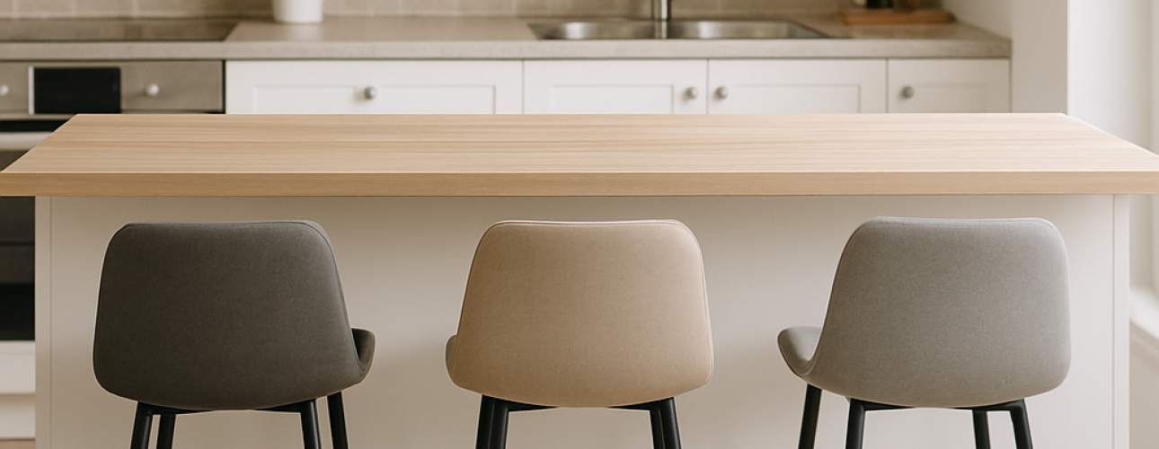 Een moderne keuken met een licht houten eiland op de juiste hoogte voor een barstoel, drie grijze en taupe barkrukken, witte kasten, een roestvrijstalen spoelbak en een beige tegelachterwand. De ruimte is licht en minimalistisch.