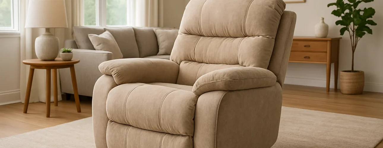 Een beige relaxfauteuil staat op een licht vloerkleed in een gezellige woonkamer met een bank, lamp, dressoir, ingelijst kunstwerk en zowel een bijzettafel als een salontafel-wat is het verschil tussen een salontafel en een bijzettafel?.