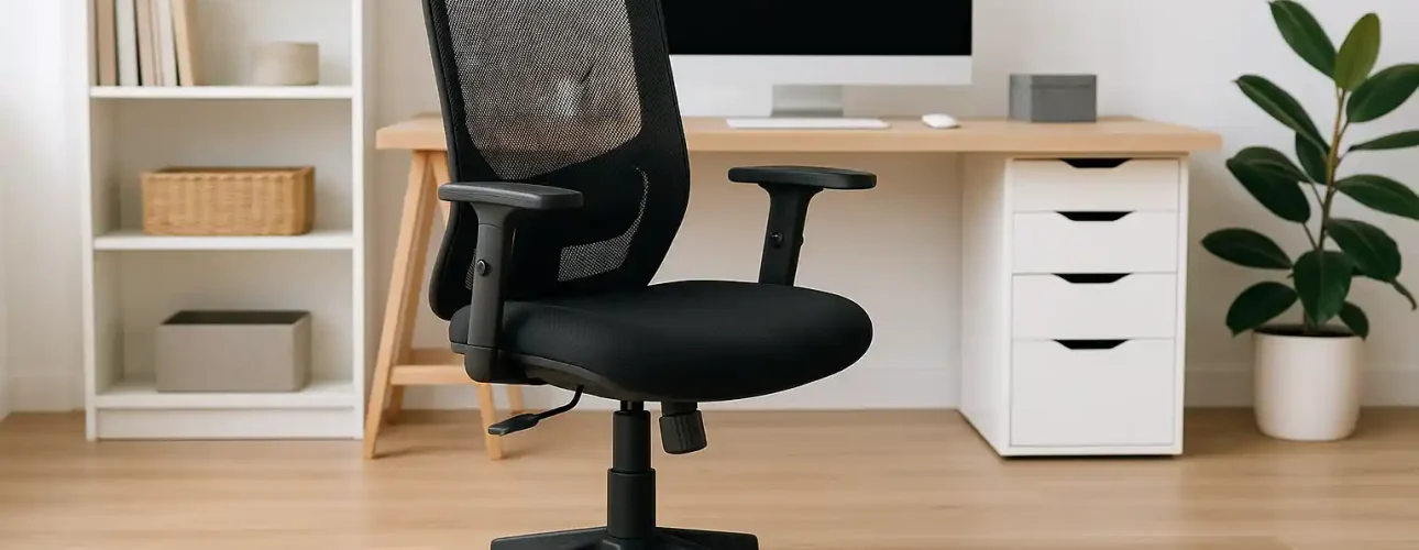 Een zwarte ergonomische bureaustoel-de meest verkochte bureaustoel met armleuningen staat voor een houten bureau met een computer, in een moderne, minimalistische setting van een thuiskantoor met planken en decor op de achtergrond.