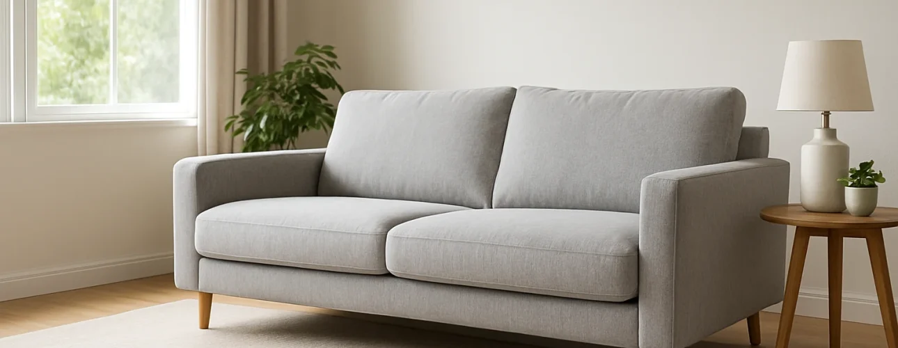 Een moderne woonkamer met een lichtgrijze bank op een beige vloerkleed, met een ronde houten bijzettafel-wat is het verschil tussen een salontafel en een bijzettafel-bekleed met een witte lamp en plant, plus crèmekleurige gordijnen en een groene potplant in de hoek.