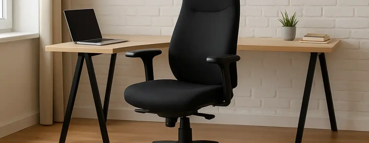 Een moderne zwarte bureaustoel, die de prijs van een goede bureaustoel weerspiegelt, staat voor een houten bureau met een laptop, twee boeken en een kleine potplant in een minimalistische kamer met een witte bakstenen muur en lichte houten vloeren.