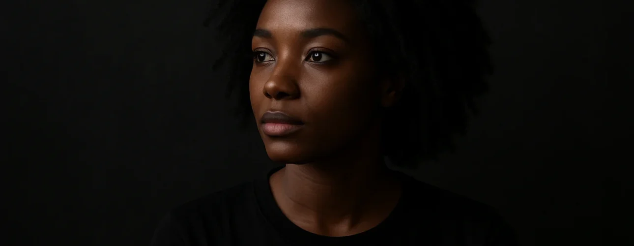 Een vrouw met natuurlijk krullend haar en een zwart topje kijkt lichtjes opzij tegen een donkere achtergrond, wat de contemplatieve stemming oproept die vaak wordt verkend bij de vraag: "Wat is de spirituele betekenis van de kleur zwart?.
