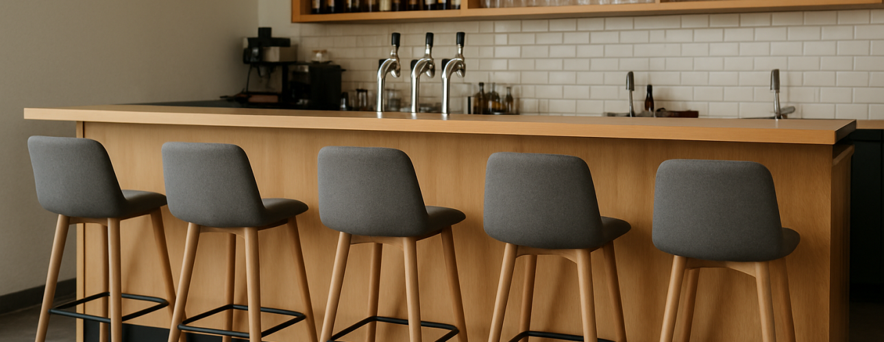 Een moderne bar met standaard barhoogte, vier grijze beklede krukken, een houten toonbank, bierkranen, planken met drankflessen en rijen glaswerk tegen een witte tegelwand.