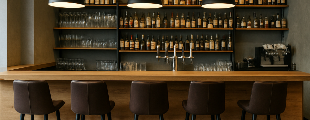 Een moderne bar met vier bruine barkrukken op de standaardhoogte van een bar, drie grote zwarte hanglampen erboven, planken met flessen en glaswerk en een koffiezetapparaat aan de rechterkant van de houten toonbank.