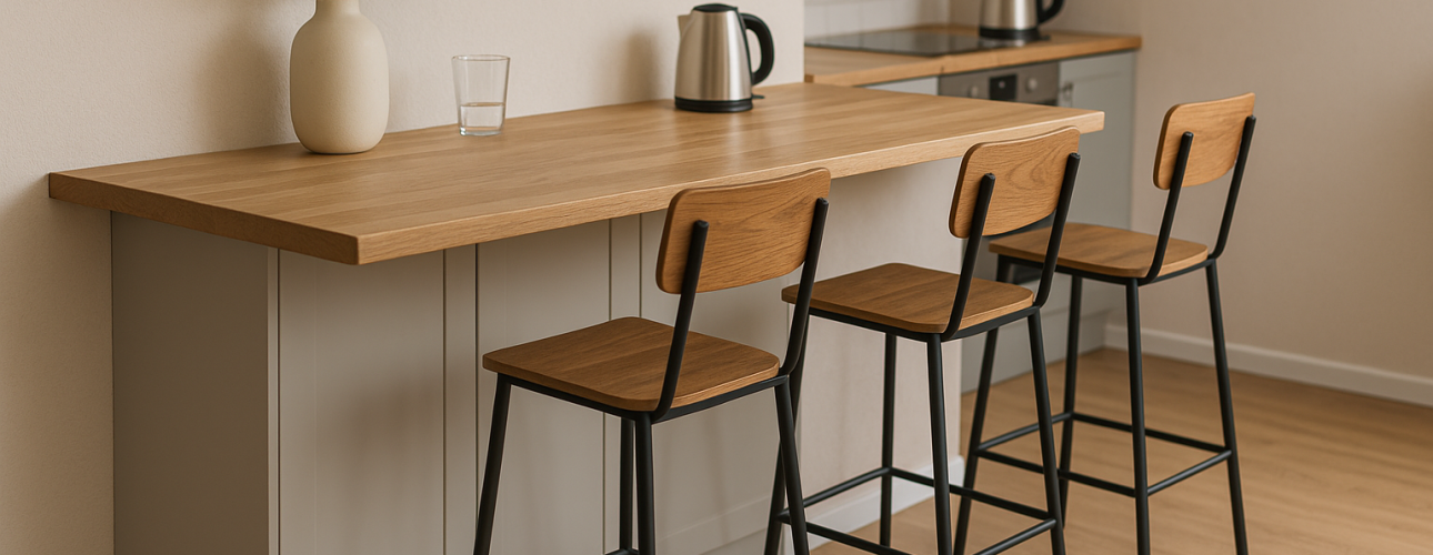Een moderne keuken heeft een houten ontbijtbar op de standaardhoogte van een barblad met drie hoge stoelen, een vaas met groene bladeren, een glas water en een waterkoker op het aanrecht. Een lichte houten vloer en neutrale muren maken de ruimte compleet.